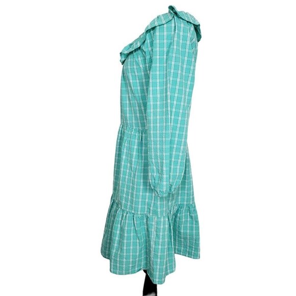 J Crew Factory Seersucker Ruffleneck Mini Dress Womens Size 6 Aqua Plaid Cotton - Picture 13 of 15